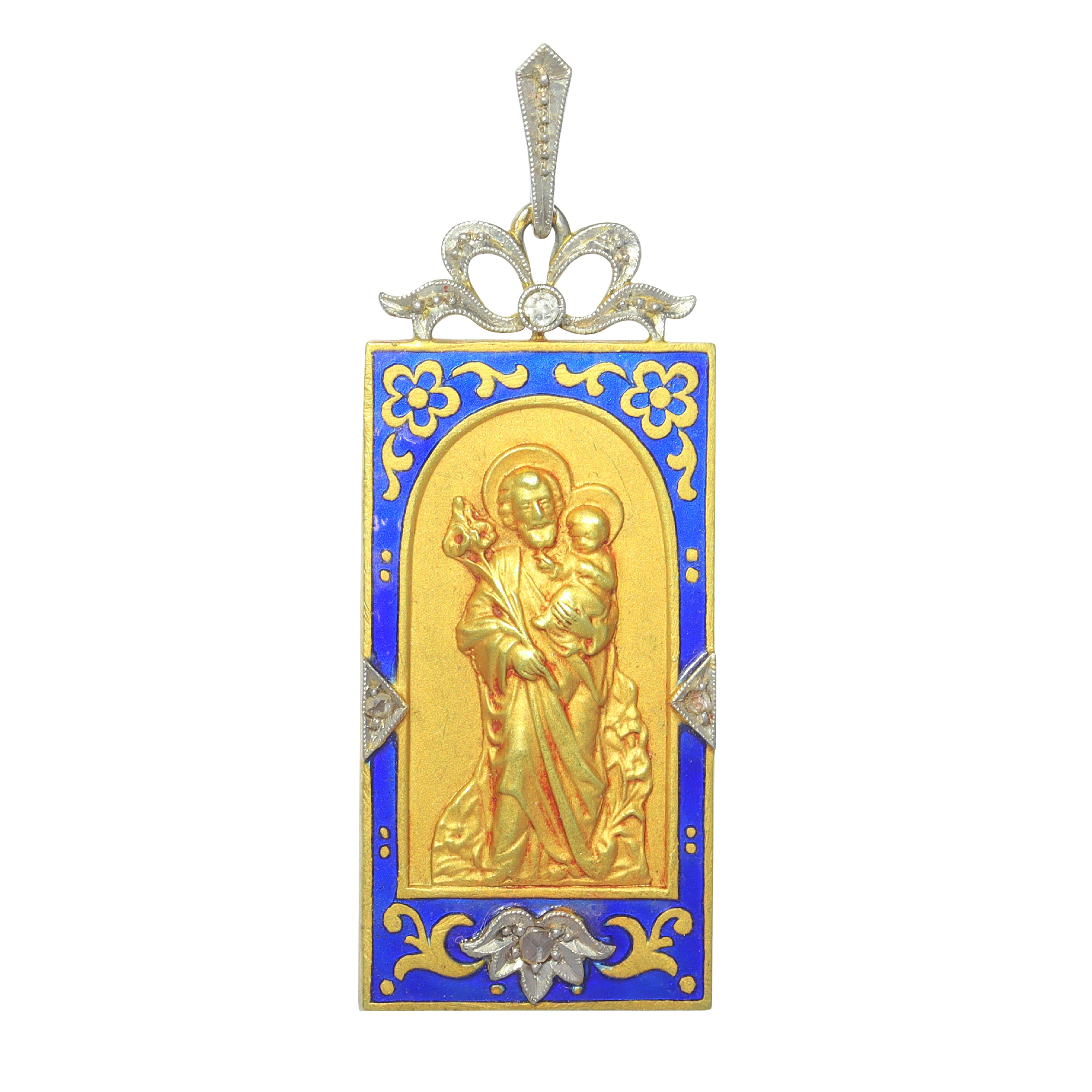 Vintage antique 18K gold pendant enameled and set with diamonds Saint Joseph holding baby Jesus